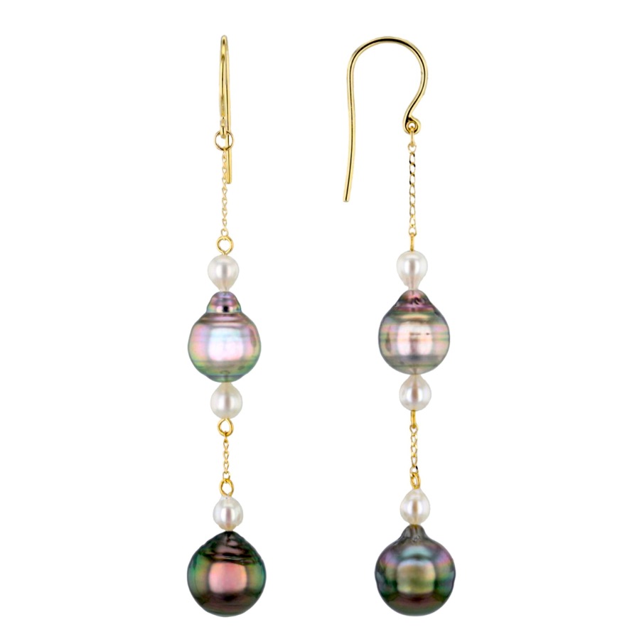 New Cultured Japanese Akoya & Tahitian Pearl 14k Yellow Gold Dangle Earrings